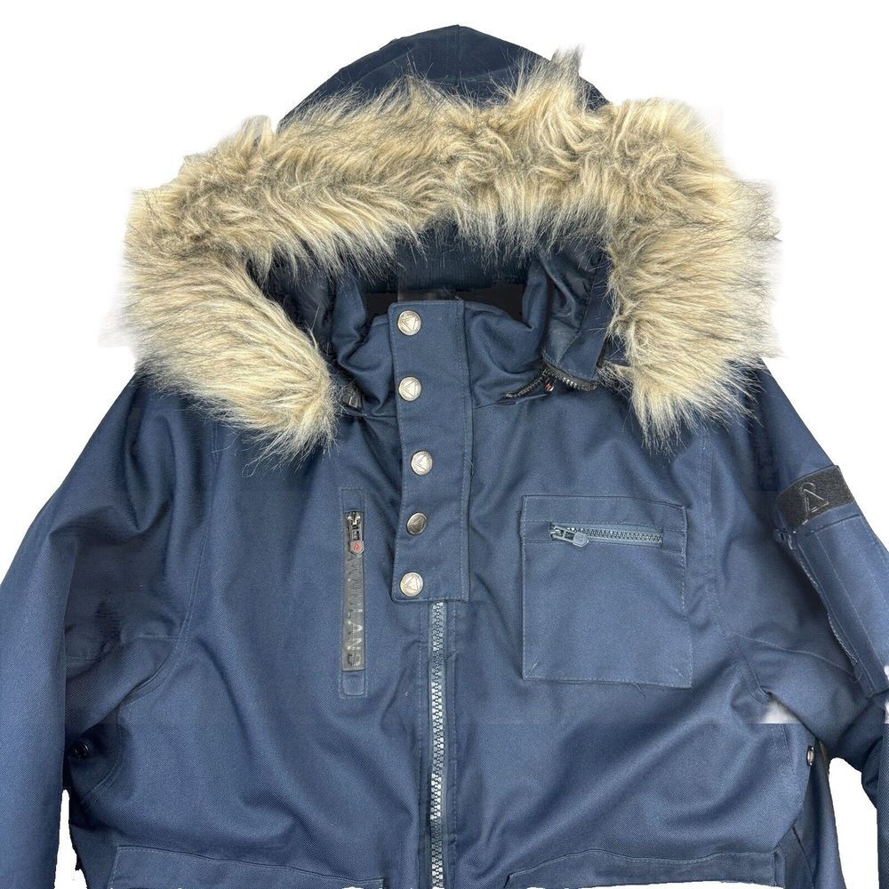 Awaknd Land All-Season‎ Weather Hooded Blue Parka Coat Jacket Fur Hood Lining XL